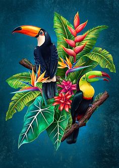 a painting of toucans and tropical plants on a blue background