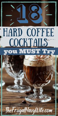 two glasses filled with iced coffee sitting on top of a wooden table