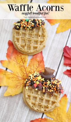 two waffle acorns with chocolate and sprinkles on them sitting next to leaves