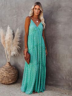 Radiate effortless charm in our Green V-Neck Sleeveless Casual Floor-Length Maxi Dress. With its flattering v-neckline and sleeveless design, this dress offers a perfect blend of comfort and style. Ideal for casual outings or relaxed events, it adds a touch of laid-back elegance to your ensemble. Cheap Green Sleeveless Maxi Dress, Cheap Sleeveless Green Maxi Dress, Cheap Summer Festival Maxi Dress, Cheap Beach Dress For Summer Holiday, Cheap Green Beach Dress For Beach Party, Cheap Summer Holiday Maxi Dress, Affordable Summer Beach Dress For Holiday, Maxi Cami Dress For Wedding Guest Summer Uk, Cheap Summer Beach Dress For Holiday