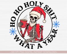 a skeleton wearing a santa hat and holding a cup of coffee with snowflakes around it