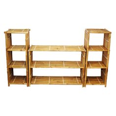 three wooden shelving units with shelves on each side