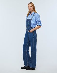 Low-Slung Straight Overalls in Clifdon Wash Straight Leg Denim Jumpsuit For Work, Relaxed Fit Straight Leg Denim Jumpsuit, Straight Leg Fall Overalls For Work, Fall Workwear Overalls With Straight Leg, Denim Details, Cinched Waist, Stretch Denim, Madewell, Overalls