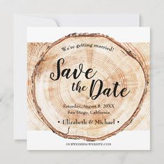 save the date card with wood slices