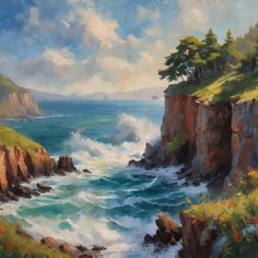 an oil painting of the ocean and cliffs