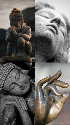 four different images of buddha statues in black and white, including one with his hands on the ground