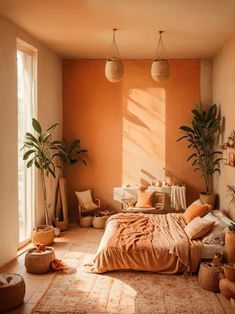 a bed room with a neatly made bed and potted plants