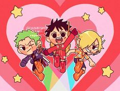 three cartoon characters standing next to each other in front of a heart with stars on it