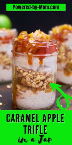 caramel apple trifle in a glass jar with apples and granola on top