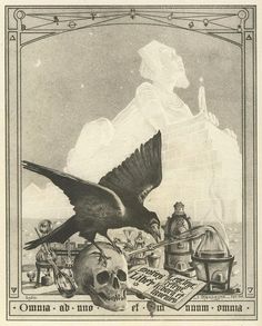 an old black and white drawing of a bird flying over a skull