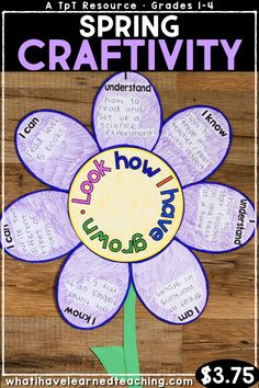 a flower made out of paper with words on it and the words spring craftivity