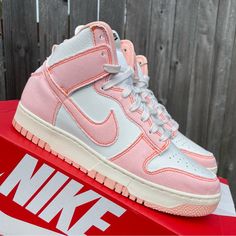 Women Size 11 (Men 9.5). Has Original Box (Damaged) Shoes Are Brand New Never Worn Pink High-top Custom Sneakers With Speckled Midsole, Nike Custom Pink Sneakers With Speckled Midsole, Nike Dunk High, Dunk High, Shoes Nike, Nike Dunk, Nike Dunks, Womens Shoes Sneakers, Nike Shoes