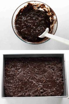 two pictures showing how to make brownies in a pan and then being mixed with chocolate