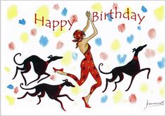 a birthday card with a woman and three dogs running in front of the words happy birthday