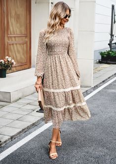 Elegant Round Neck Dress - Autumn/Winter - Brown,S Dress Like A Lady, Floral Balloons, Round Neck Dress, Dress Autumn, Round Neck Design, Round Neck Dresses, Tiered Maxi Dress, Winter Blues, Brown Fashion