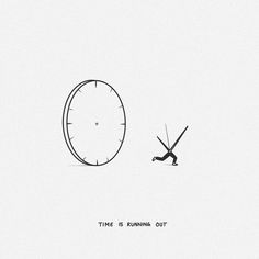 a drawing of a clock with scissors in the foreground and an image of a person running out of it