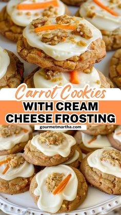 carrot cookies with cream cheese frosting are on a white plate and the title reads carrot cookies with cream cheese frosting