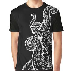 an octopus graphic on a black t - shirt with white swirls and spiral designs