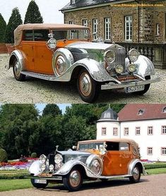 two old cars parked next to each other in front of a large house and another car