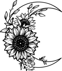 sunflowers on the moon with leaves and flowers around it, in black and white