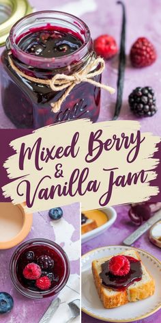 mixed berry and vanilla jam in a mason jar with berries on the table next to it