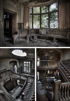 three different shots of a living room and staircase