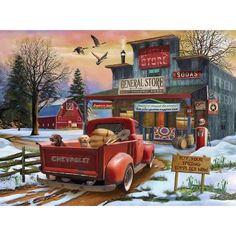 a painting of an old red truck parked in front of a store on a snowy day