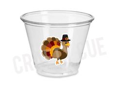 a clear plastic cup with a turkey on it