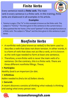 an info sheet describing the different types of verbs in english and spanish words, with pictures