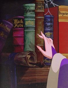 an animated image of a woman pointing at books