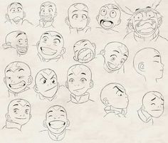 a bunch of cartoon faces drawn in pencil on paper with different expressions and facial features