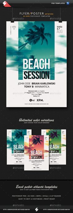 the beach session flyer is shown with an image of palm trees in the water and blue sky