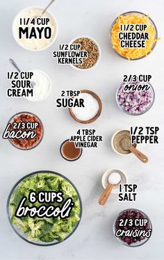 the ingredients to make this salad are shown in bowls and labeled with different types of toppings