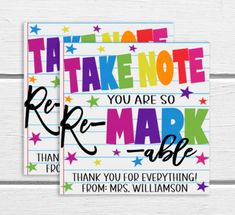 two thank cards with colorful stars and the words take note you are so re - able