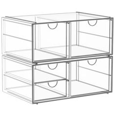 three clear drawers are stacked on top of each other