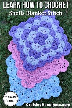 three crocheted blankets sitting in the grass with text that reads learn how to croche