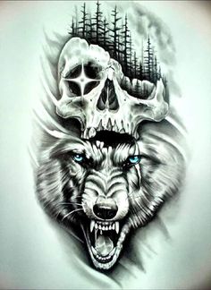 a drawing of a wolf with a skull on it's head and trees in the background