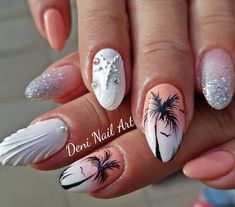 Travel Nails Designs, Caribbean Nails Designs, How To Shape Nails, Coffin Nail Designs, Girls Nail Designs, Palm Tree Nails, Emerald Nails