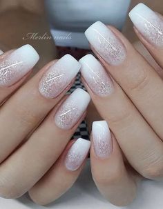 Wedding Nail Ideas, Wedding Day Nails, Nails For Bride, Wedding Nails French, Wedding Nails Glitter, Ombre Nails Glitter