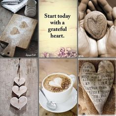 four different pictures with words and hearts on them, including coffee mugs, heart shaped cookies