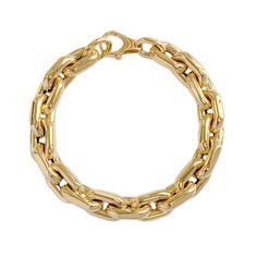 "This Italian handcrafted chain link bracelet is completely composed of 14K solid gold and is uniquely made with a semi-hollow interior for comfortable everyday wear that will not dent. This bracelet is available in different length options. * NOTE: Due to the thickness of these links we would strongly recommend that you increase the desired bracelet length by 1/2\" for a comfortable fit. ♦ Total Length: your choice of 7, 7.5, 8, 8.5 or 9 inches ♦ Link Dimensions: approximately 10.5mm (W) x 17mm Formal Gold Bracelet With Rolo Chain, Formal Gold Rolo Chain Bracelet, Classic Link Chain Bracelet With Rolo Chain, Classic Chain Bracelet With Rolo Chain, Classic Rolo Chain Bracelet, Classic Gold Bracelets With Rolo Chain, Classic Gold Link Bracelet With Rolo Chain, Gold-plated Oval Link Bracelet, Gold Oval Link Cable Chain Bracelet