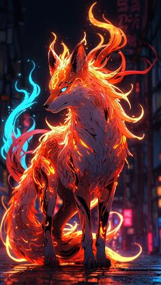 a red and yellow fire fox sitting on top of a street next to tall buildings