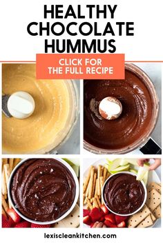 healthy chocolate hummus recipe in a food processor with text overlay that reads, healthy chocolate hummus click for the full recipe