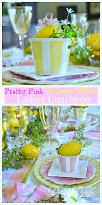 pink and yellow table setting with lemons in cups, plates and napkins on it