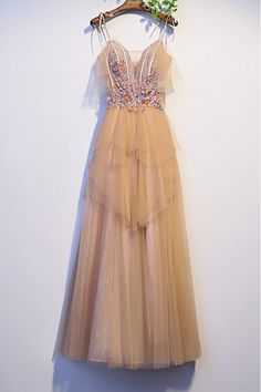 Shop beautiful long champagne tulle prom dress with strappy straps online. Sheprom offers formal, party, casual & more style dresses to fit your special occasions. Delicate Gown, Top Prom Dresses, Tulle Long Prom Dress, Prom Dresses 2021, Tulle Prom Dress, Gold Sequins, Cheap Prom Dresses, Formal Party, Party Gowns