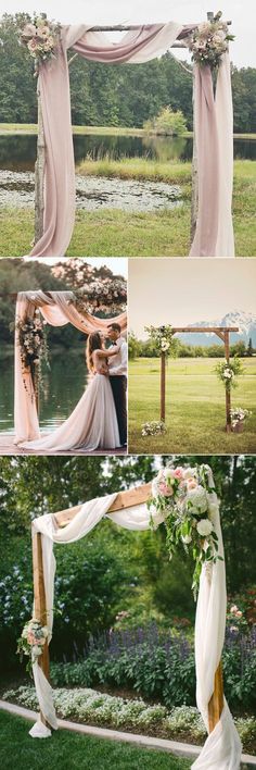 the wedding arch is decorated with flowers and greenery for an outdoor ceremony or reception