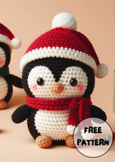 two small crocheted penguins wearing hats and scarves