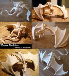 four different types of dragon sculptures made out of paper on a wooden table with the words dragon sculpture written below them