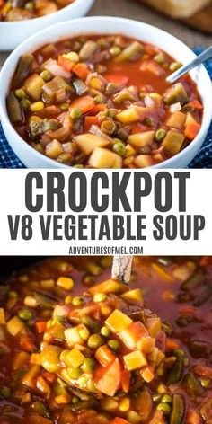 two bowls of crockpot vegetable soup with bread in the background and text overlay