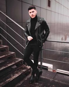 10 Cool Black On Black Outfit Ideas For MEN | Lad N Lady Brown Leather Jacket Men, Black Outfit Men, Best Leather Jackets, Vans Converse, Outfits For Men, Men With Street Style, Leather Jacket Style, Leather Jacket Outfits, Men's Leather Jacket